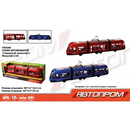 Трамвай «АВТОПРОМ», світло, звук, на батарейці, в асортименті, у коробці 48х16,5х10,5 см