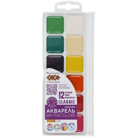 Фарби акварельні «CLASSIC» на 12 кольорів без пензлика у пластиковій коробці, KIDS Line