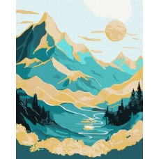 Набір для розпису по номерах «Схід сонця в горах» з фарбами металiк extra, 40х50 см, ТМ Ідейка