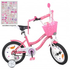 Велосипед «PROF1 Star» дитячий, колеса 14 дюймів, ліхтар, дзвінок, дзеркала, кошик, дод.колеса, рож.
